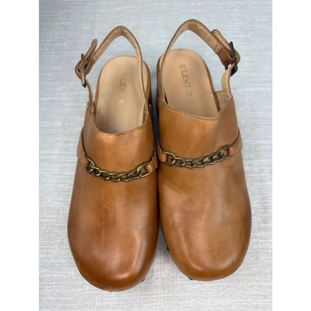 Anthropologie Silent D Slingback Clog in Brown with Chain Accent Size 40